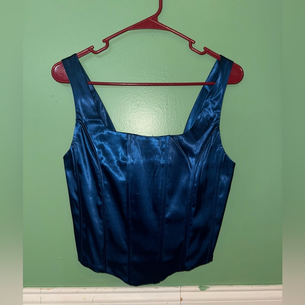 Satin Square-Neck Tank Top in Deep Teal Blue